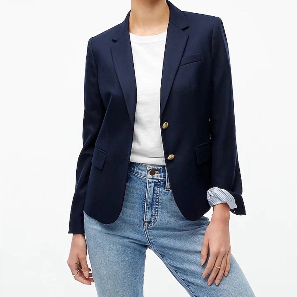 NWOT J. Crew Schoolboy Blazer Navy Blue Gold Button Lined Tailored Jacket 0P